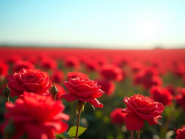 सुंदर गुलाब के खेत जिनमें लाल गुलाब खिल रहे हैं